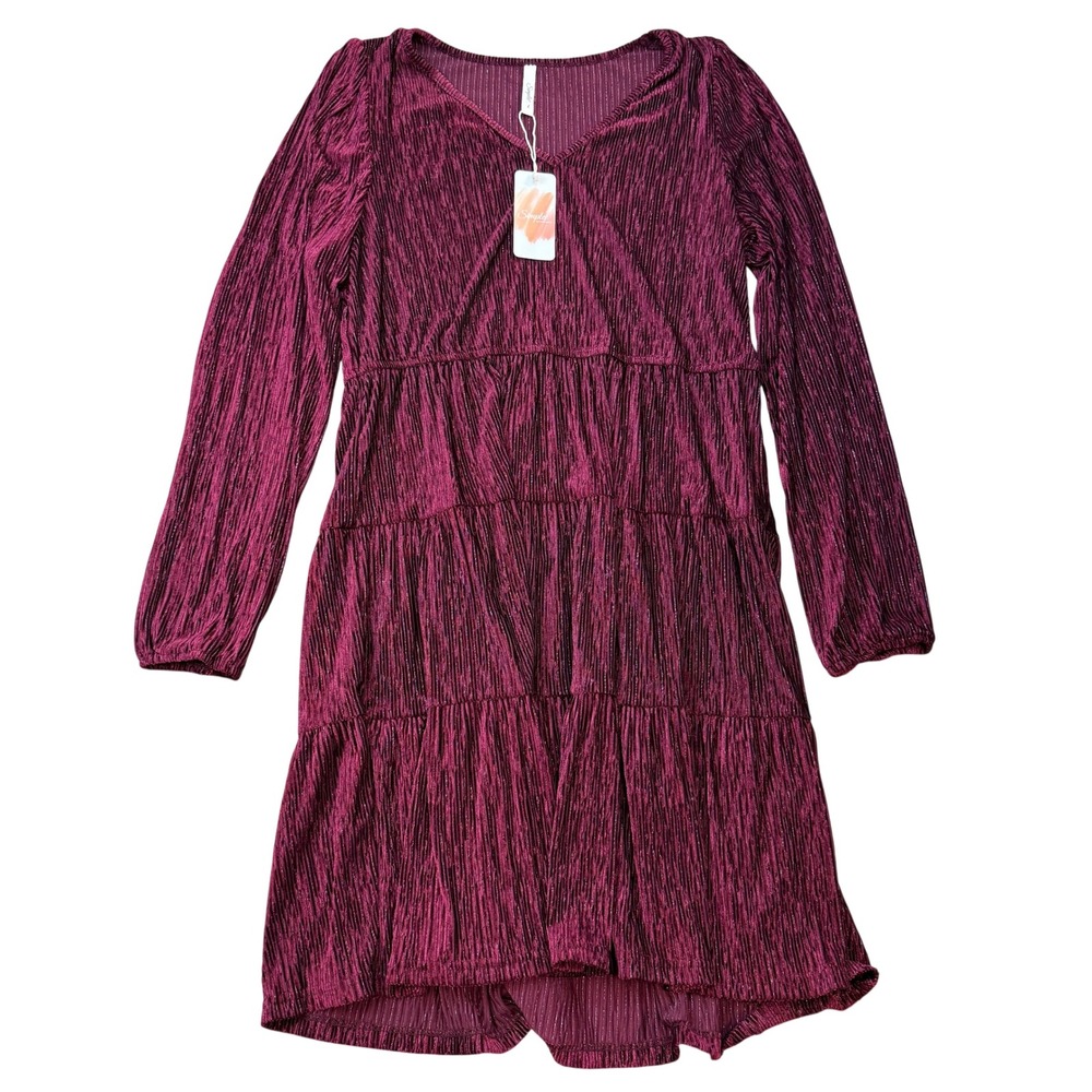 Simplee Women's L Wine Red Velvet Long Sleeve V Neck Fall Cocktail Dress Tiered